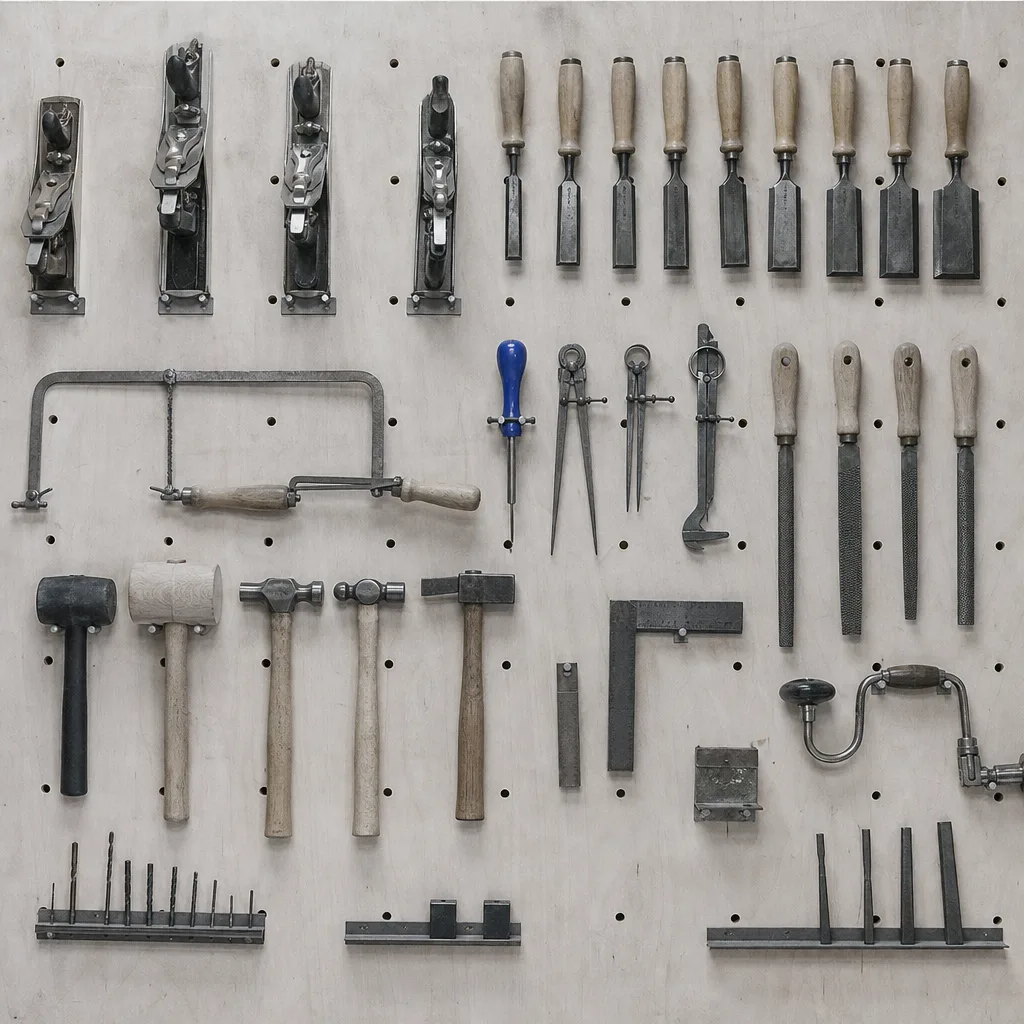 Mur d'atelier : outils alignés sur une grille, un manche bleu cobalt