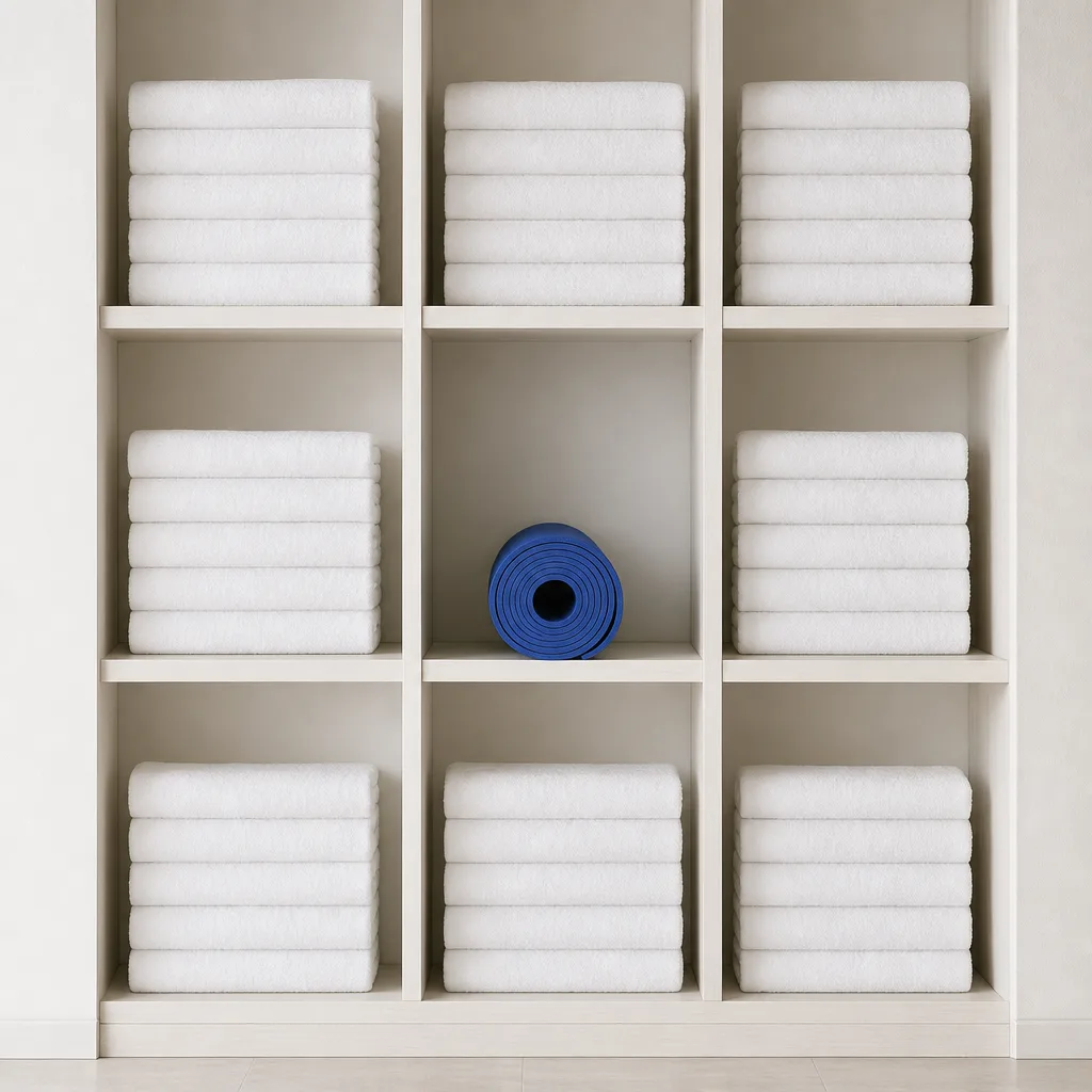 Studio bien-être : serviettes pliées au carré, un tapis de yoga bleu cobalt roulé
