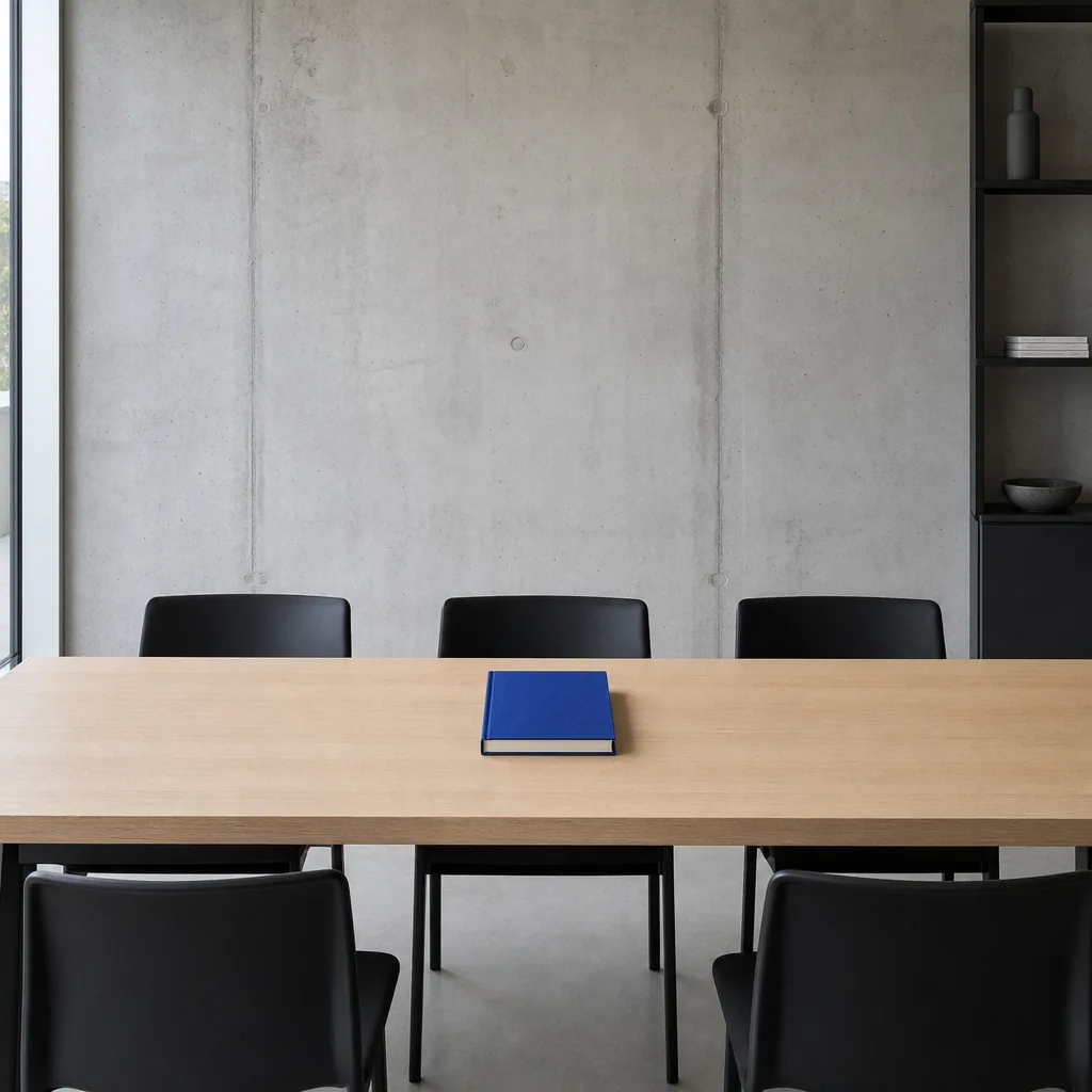 Salle de réunion minimale : table en chêne, un carnet bleu cobalt